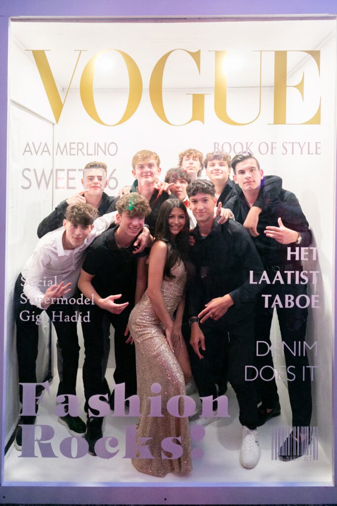 Sweet 16 magazine-cover style group photo with friends
